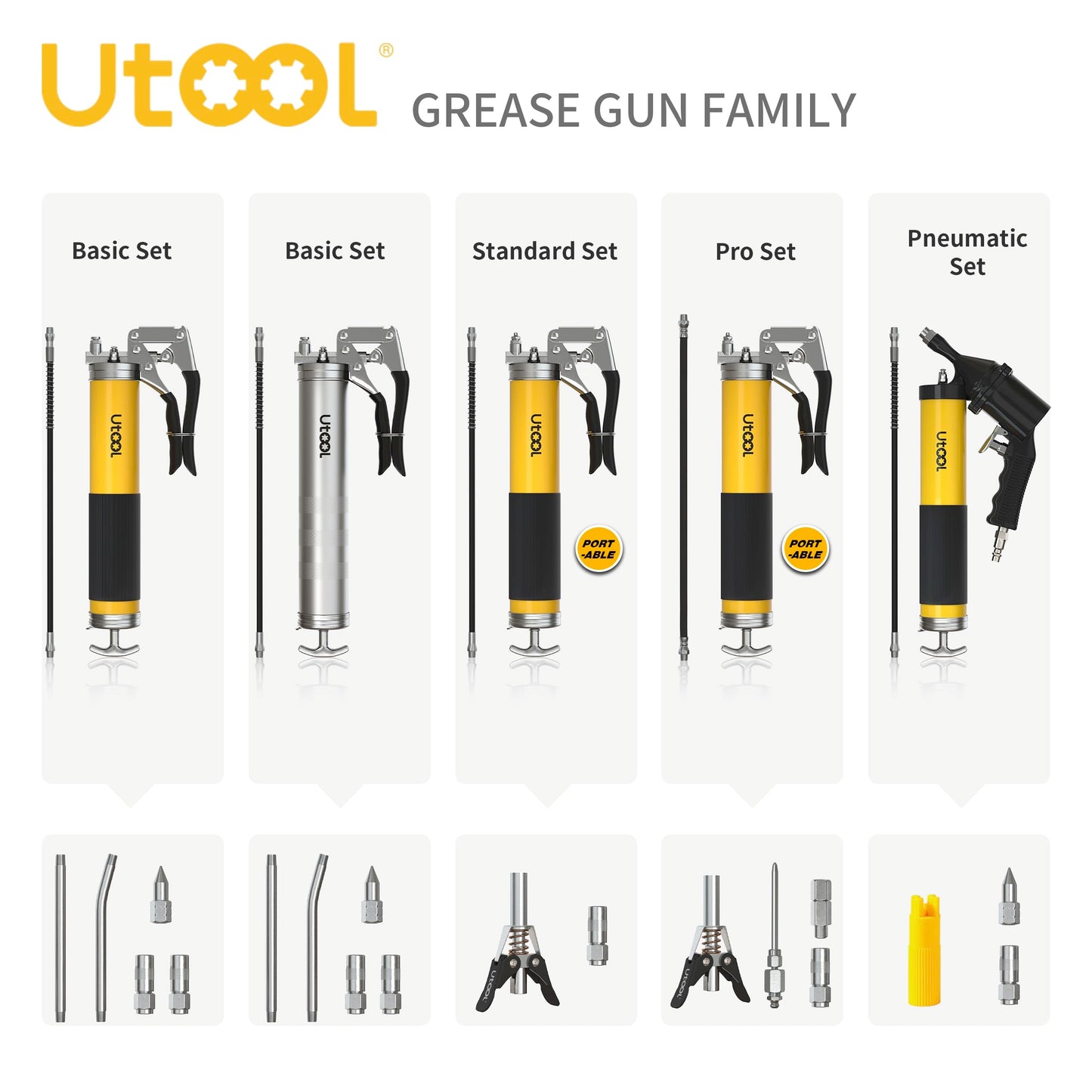 UTOOL Grease Gun, 8000 PSI Heavy Duty Pistol Grip Grease Gun Kit with 14 oz Capacity, 18 Inch Resin Flex Hose, 2 Basic Coupler, 2 Extension Rigid Pipe and 1 Sharp Type Nozzle, Argent Matte Finish