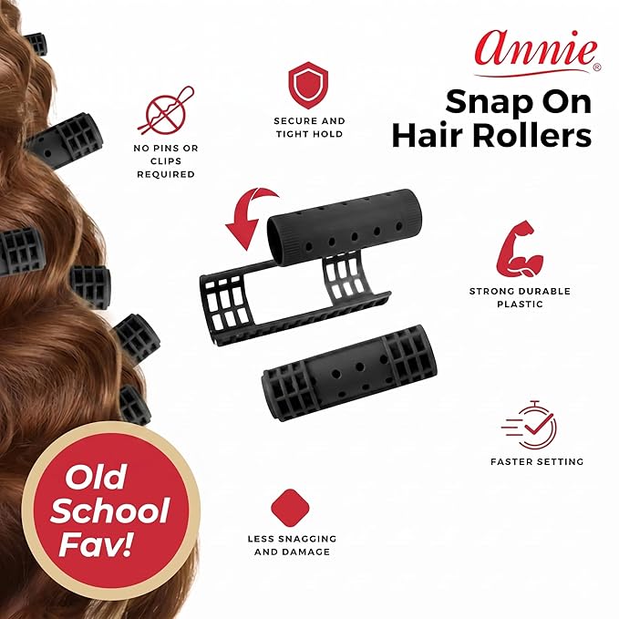 Annie Snap-On Magnetic Hair Rollers, Medium 3/4 Inch, 12 Count, Black Curlers for Curls & Waves, Easy Fast Setting, Secure Comfortable Fit for Dry or Damp Styling