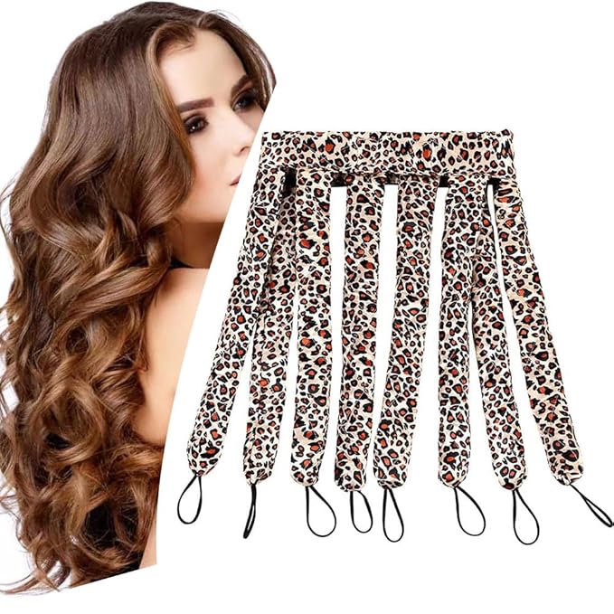 No Heat Hair Curler Headband for Long Hair, Satin Heatless Curling Rod with Adjustable Strap Overnight No Heat Curling Roller for Women and Girls Waves and Curls (Leopard Color)