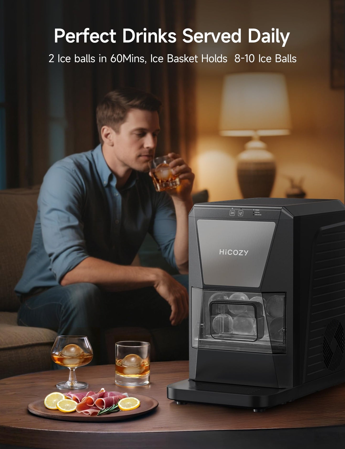 HiCOZY B1 2" Clear Ice Ball Maker Countertop,Sphere Ice Maker with IcyGem Technology, 2 Big Balls in 60Mins,40 pcs/Day, Self-Cleaning Ice Machine with Ice Tong for Cocktails, Whiskey, Mother‘s Gift