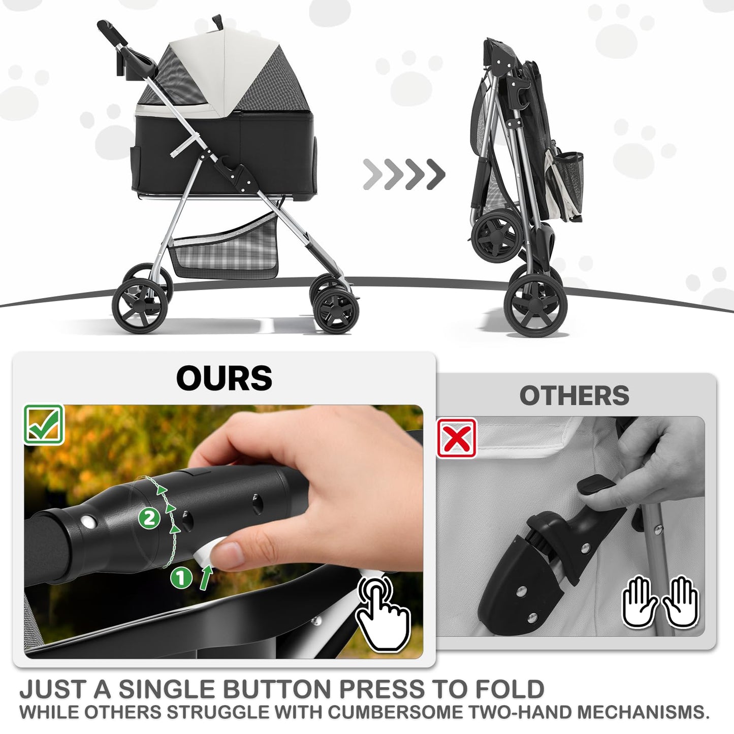 MoNiBloom 3 in 1 Foldable Pet Stroller for Small & Medium Dogs, Detachable Carrier, Car Seat, Push Button Entry, 4-Wheel Jogger for Pets up to 33 lbs, Black