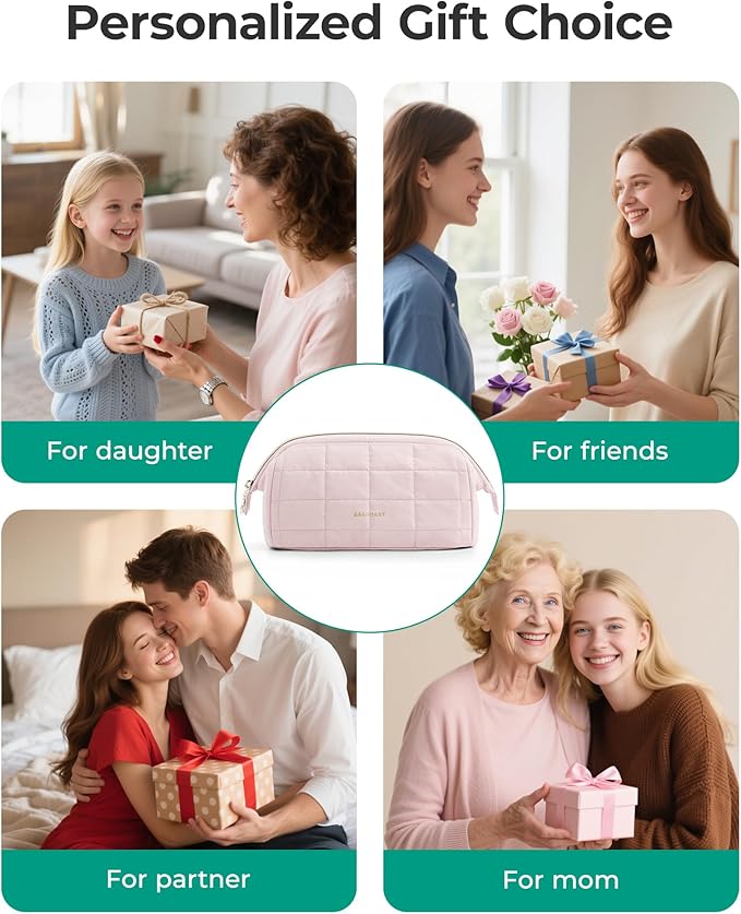 BAGSMART Makeup Bag Travel Toiletry Bag, Puffy Padded Make Up Bags for Women Makeup Organizer Case, Wide-open Pouch Purse Travel Essentials Toiletries Accessories Brushes, Apricot Pink