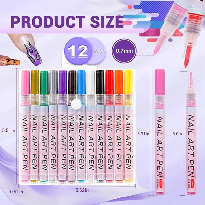 12 Color Nail Art Pens, 0.7 MM Nail Polish Pens Set Drawing Painting Point Liner Acrylic Painted Pen Kit, Waterproof and Quick-drying Nail for DIY Nails Art Design Manicure Tools