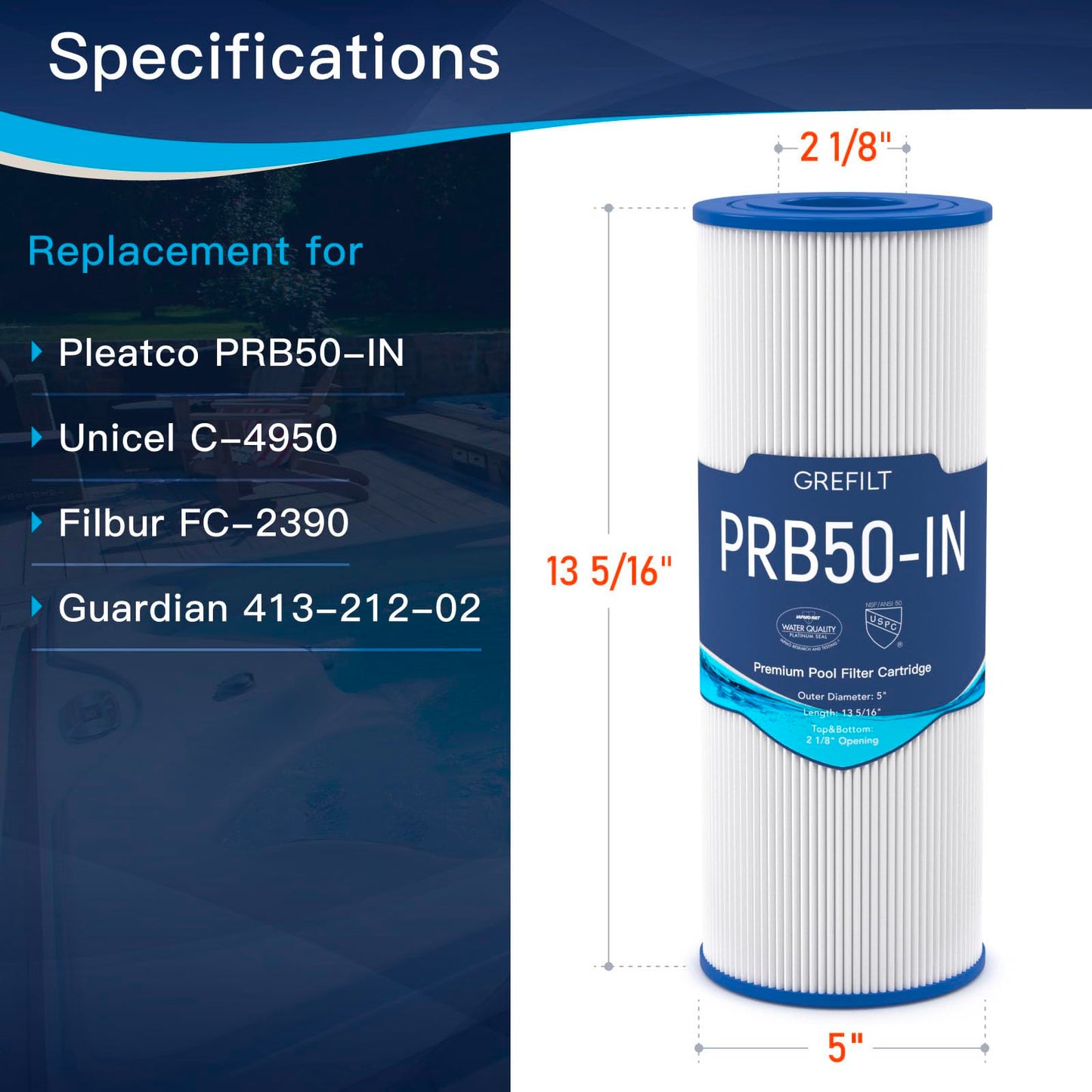 Grefilt C-4950 Hot Tub Filter Compatible with PRB50-IN Hot Tub Filter, Filbur FC-2390, J200, Guardian 413-212-02, 5X13 Drop in, 50 sq.ft, 2-Pack