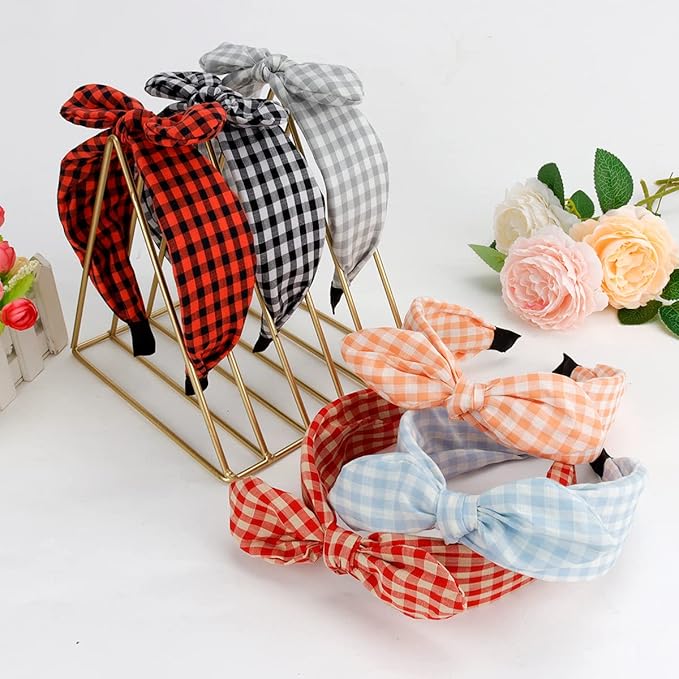 TOBATOBA 6Pcs Plaid Headbands With Bow, Cute Knotted Wide Headband, Christmas Hair Accessories for Women Girls, Bunny Ears Red Headwraps