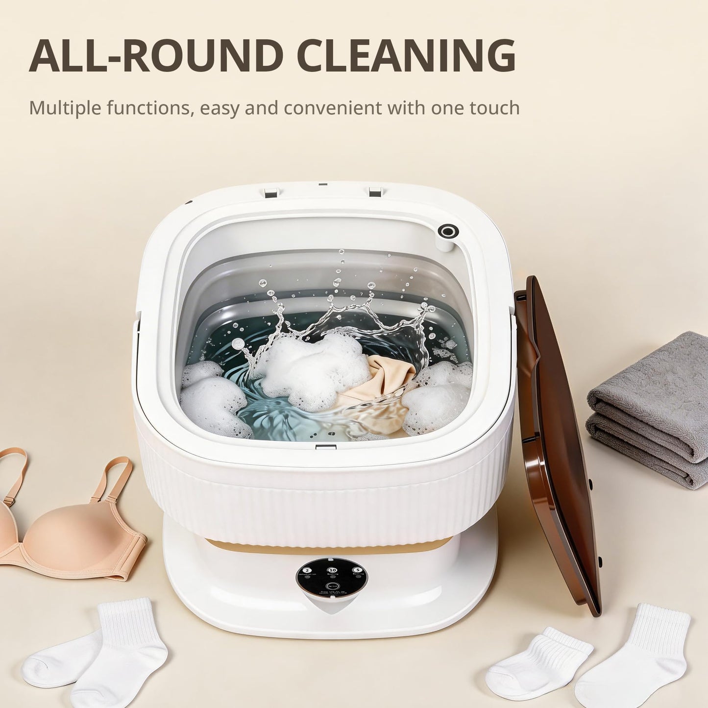 Portable Washing Machine, Mini Washer, 18L Upgraded with Spin Basket, Foldable Design Ideal for Apartment, portable washer 3 Cleaning Modes Suitable for Small Clothes (khaki)