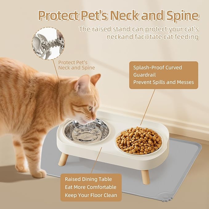 Elevated Cat Bowl with Food Mat, Raised Cat Food and Water Bowl Set for Indoor Cats, Splash Proof with 2 Stainless Steel Pet Food Bowls for Cats and Puppies,Whisker Fatigue and Dishwasher Safe (White)