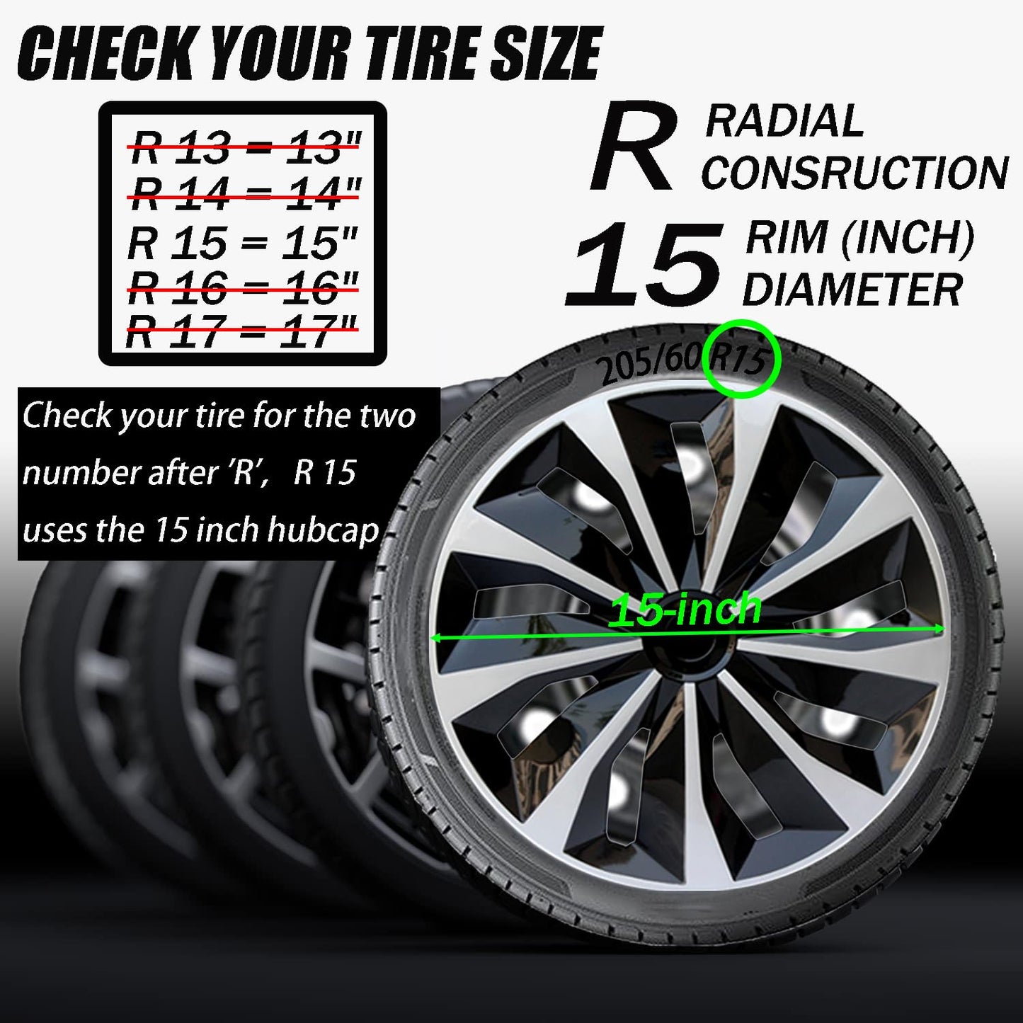 Hubcap Wheel Covers Replacement Size R15 Hub Caps Universal-Fit Steel Wheel Rims Cover ABS Tire Cap for Most Cars Trucks Sedans SUV -Set of 4（15-inch，Silver-Black）