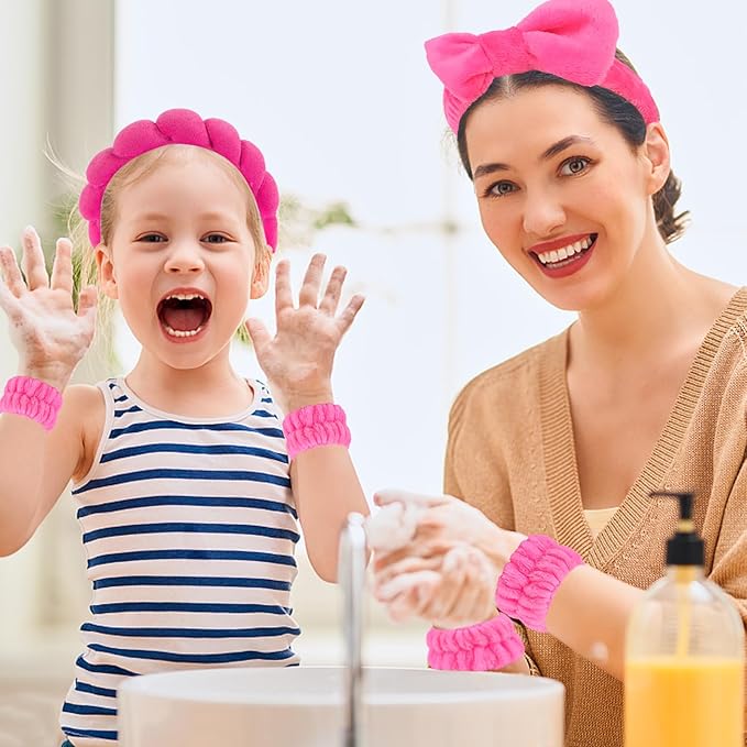 Semato Spa Headband and Wristband Set - Fluffy Bow Face Wash Hair Accessories With Bubble Sponge for Women and Girls (Hot Pink)