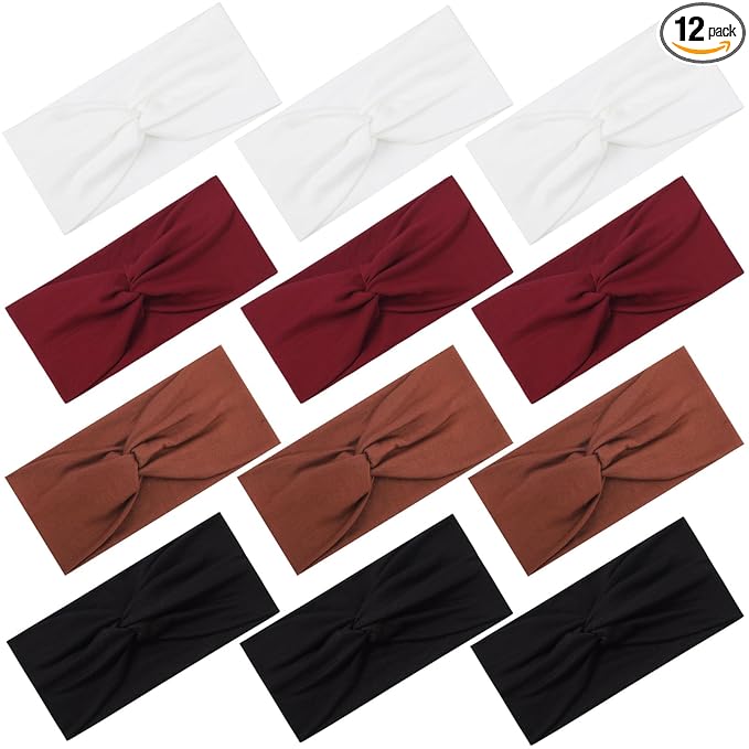 12 Pcs Stretchy Headbands for Women, Absorbed Sport Headband Soft Twist Knotted Hairbands for Daily Life Yoga Workout(Black/Brown/White/Red)