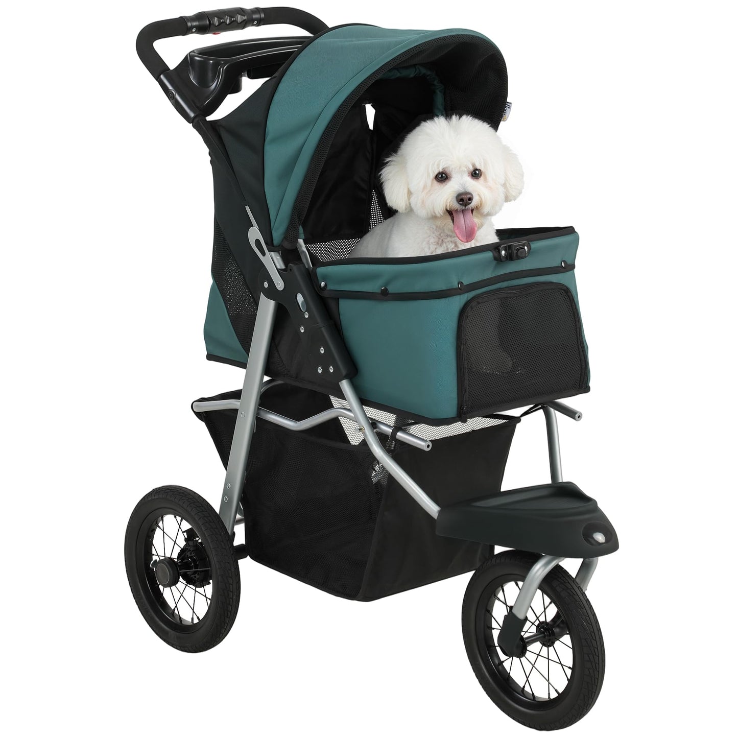 PawHut Dog Stroller for Small Dogs, 3 Wheel Foldable Pet Stroller with 12" Rubber Wheels, Mesh Window, One-Foot Brake, Storage Basket and Cup Holder, Up to 22 LBS, Dark Green