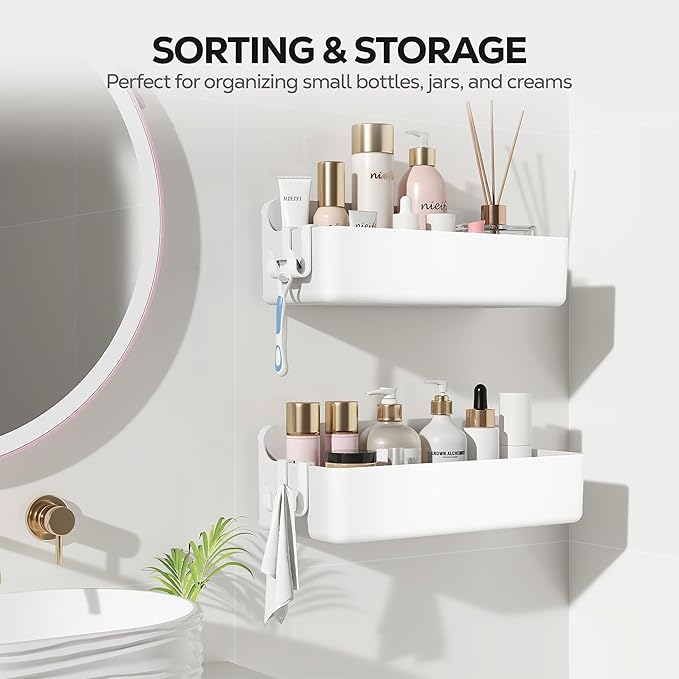 Nieifi Adhesive Wall Shelf, Shower Shelves, Shower Organizer for Bathroom Organization (White, 2 pieces)