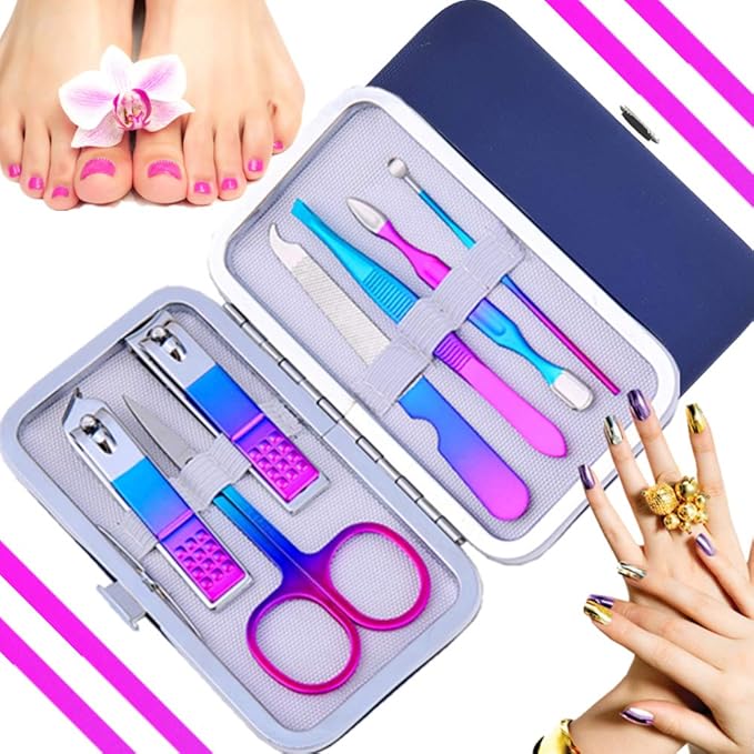 QURIPE 7pcs Manicure Set, Nail Clippers Kit, Stainless Steel Manicure Kit, Nail Clipping Tools Portable Travel Grooming Kit, The Best Gift with Luxurious Case(Multicolor)