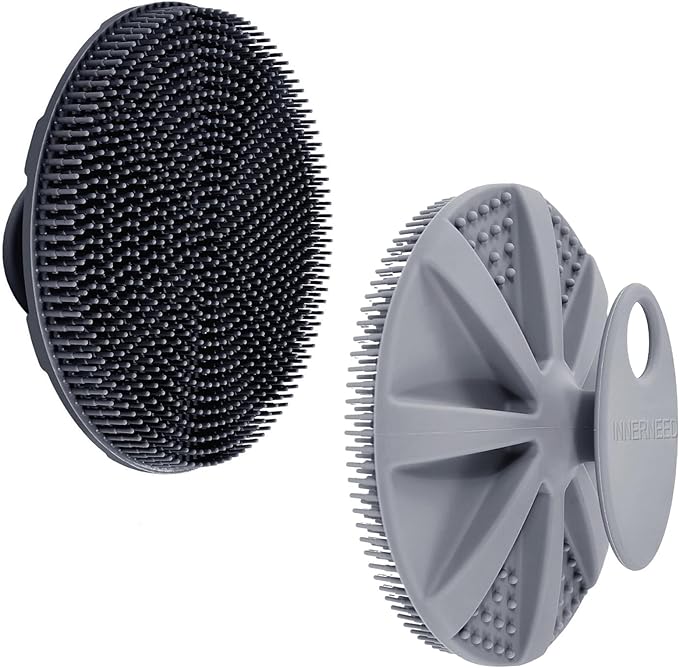 INNERNEED Food-Grade Soft Silicone Body Scrubber Shower Brush Handheld Cleansing Skin Brush, Gentle Exfoliating and Lather Well (Black+Gray)