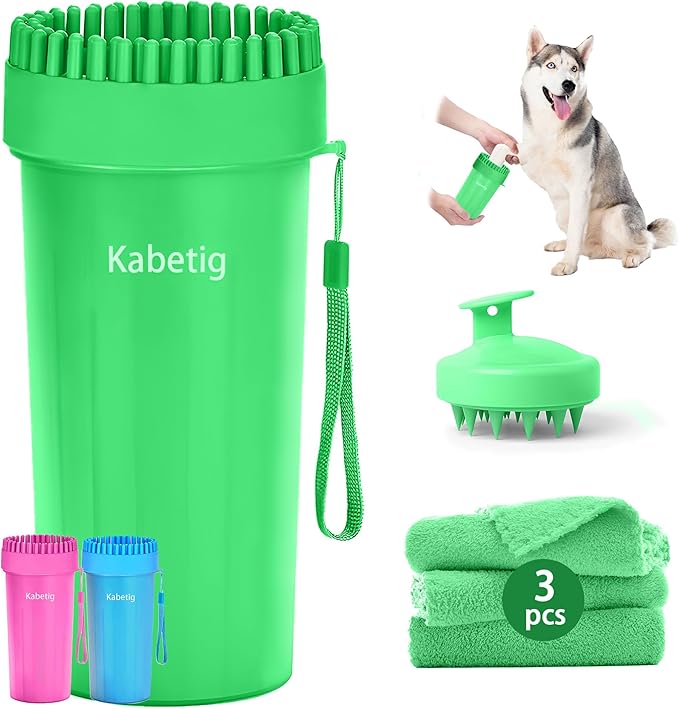 Dog Paw Cleaner Kit for L/XL Dogs - Quick Clean No Full Bath, 2-in-1 Paw Wash Cup with Detachable Silicone Brush Head, Includes Bath Brush & 3 Absorbent Towels, Green