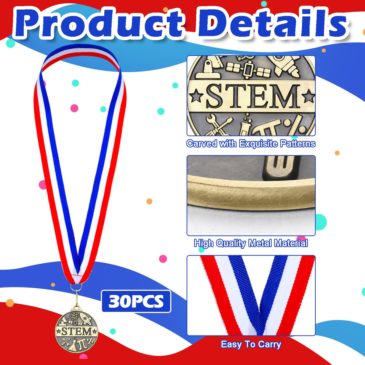 Quelay 30 Pcs 2'' Award Medals Bulk Gold Winner Medals with Neck Ribbons Metal Trophy Award Prize Gift for Tournaments, Competitions, Party, Kids and Adults (Stem)