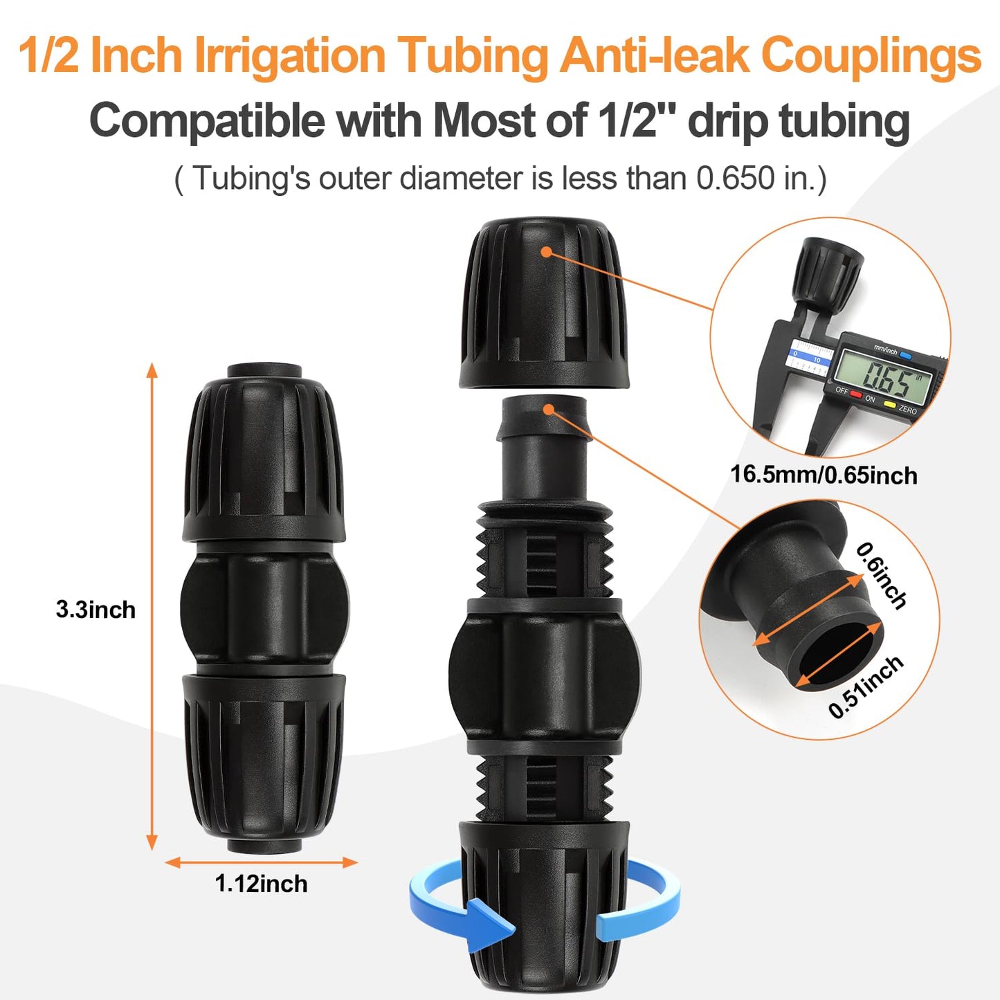 Copadri 21 Pieces1/2 Inch Drip Irrigation Fittings Kit, 1/2'' Drip Line Barbed Locked Connectors for 1/2 Inch Irrigation Tubing (1/2" ID x 0.650" OD) Coupling Tee Elbow Plug Valve Faucet Adapter