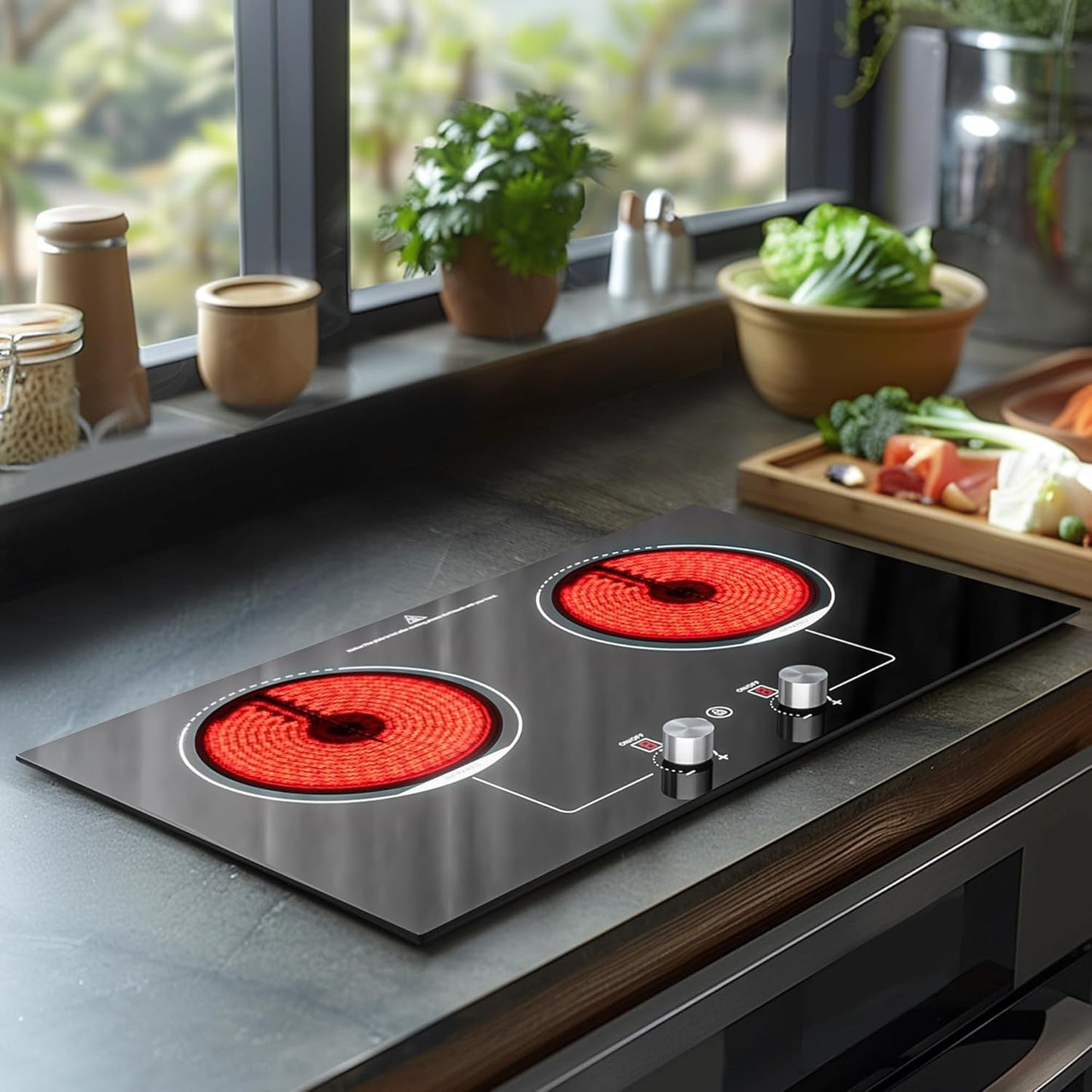 ADVWIN Electric Cooktop, 2 Burner Knob Control Plug in Built-in Ceramic Electric Stove Top with Child Safty Lock & Timer & Over-Temperature Protection & 10 Power Setting, 1800W, (3 burners (vertical))