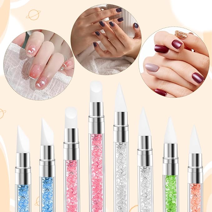 8 Pcs Nail Art Sculpture Pen, Dual Tipped Silicone Nail Tools, Silicone Head Acrylic Handle Nail Art Brushes, Rhinestone Nail Polish Carving Pen, Nail Art Tools for Home Salon(5 Colors)