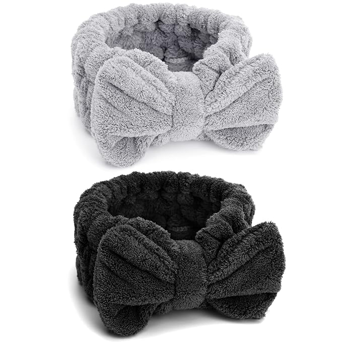Huachi Spa Headbands for Women Makeup Washing Face Skincare Face Wash Head Band Cute Bow Hair Band for Girls Soft Coral Facial Shower Head Wraps