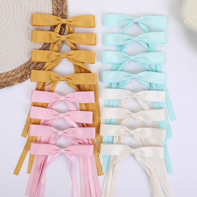 Hair Bows Clips Coquette Ribbon Bowknot with Long Tail Princess Hair Bows French Barrettes Hair Accessories for Women Girls 16PCS (Pink, Yellow, Cream, Aquamarine)