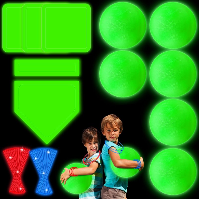 Hiboom 9 Pcs Glow in the Dark Kickball Dodgeball Set Includes 10 Inch Playground Ball with Pump 5 Rubber Bases 100 Glow Sticks for Adults Playground School Backyard Game Outdoor Indoor Games