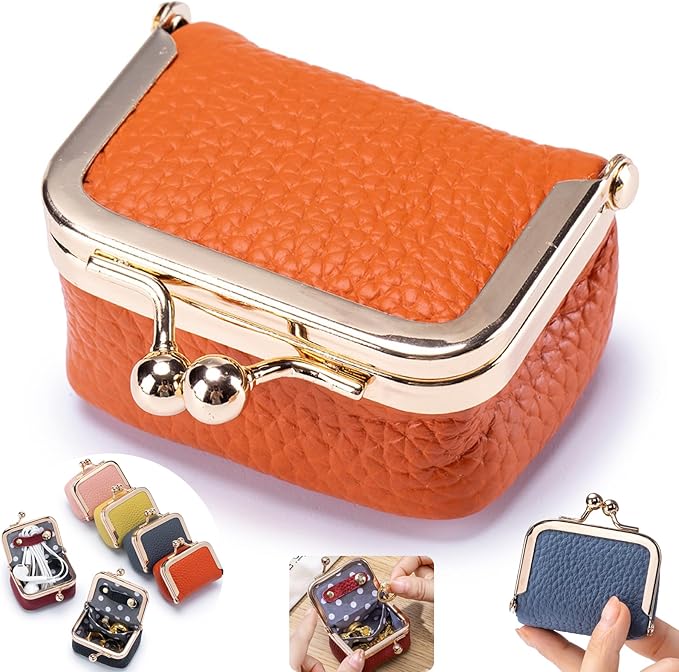 Genuine Leather Mini Jewelry Box, Portable Vintage-Inspired Genuine Leather Coin Purse Jewelry Case with Kiss Lock, Mini Travel Ring Box for Women (Orange）