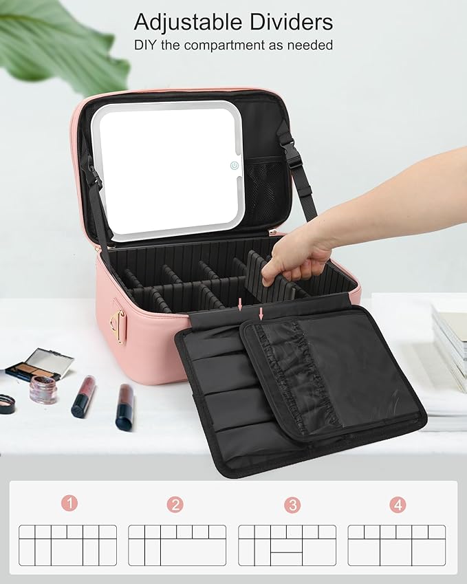 Chomeiu Makeup Bag with LED Mirror, Large Travel Cosmetic Train Case for Women, Makeup Artists Large Organizer Box with Vanity Light Up Mirror, 3 Color Lights, Adjustable Dividers (Pink)
