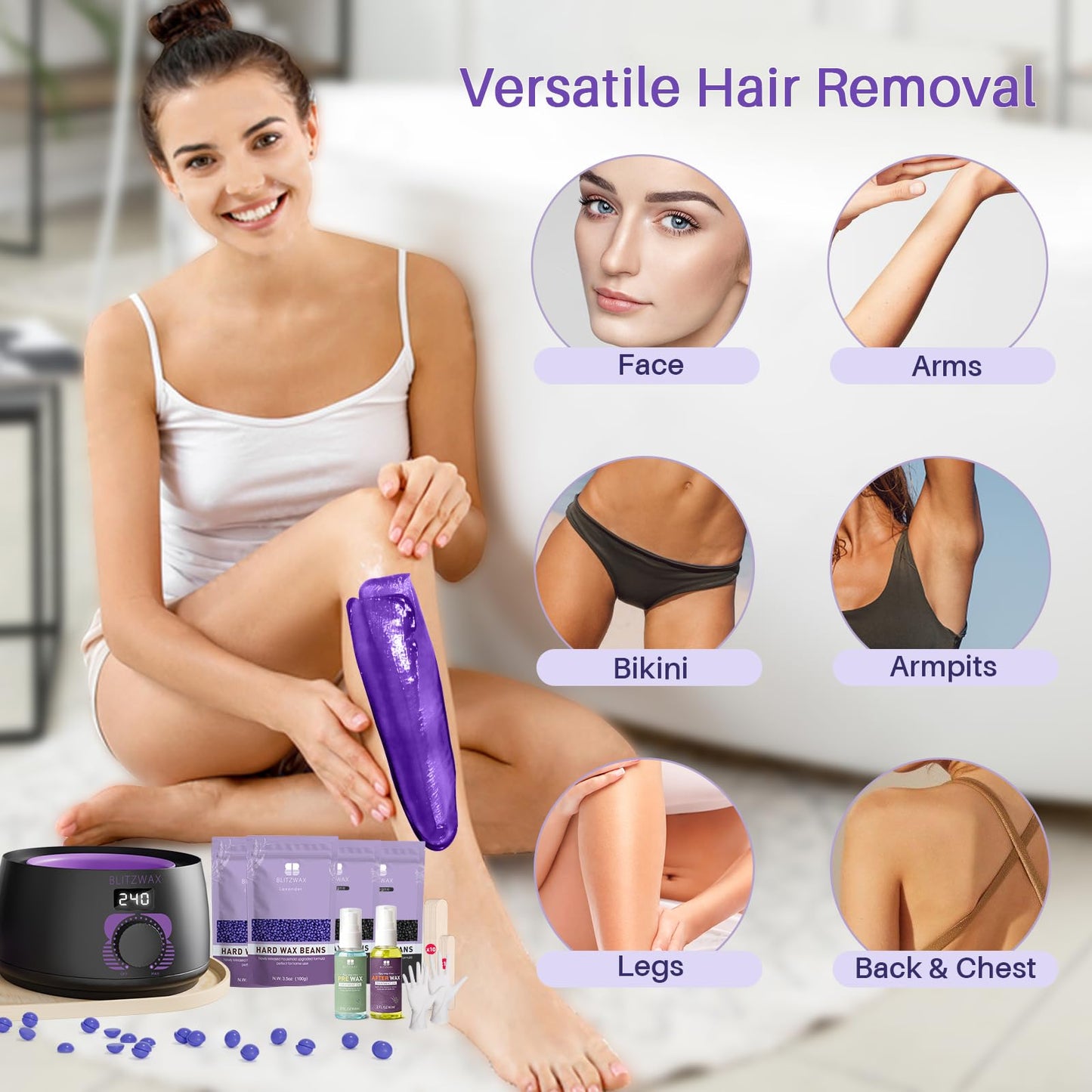 BLITZWAX Brazilian and Bikini Waxing Kit for Women, Hard Wax Warmer for Face, Legs and Body, At Home Hair Removal Kit, Beginner Friendly, Digital Fast Heating, 51 Wax Items