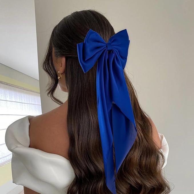 6Pcs Large Bows Hair Clips for Women Girls Long Tail Hair Ribbon Silky Satin Barrettes Coquette Bows Accessories (Royalblue)