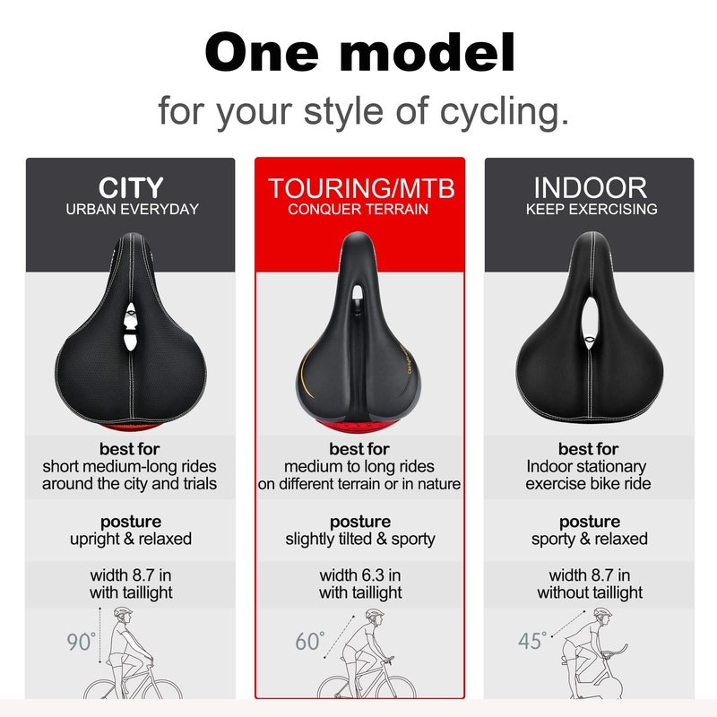 Comfortable Men Women Bike Seat - DAWAY C66 Foam Padded Leather Road Mountain Bicycle Saddle Cushion with Taillight, Waterproof, Soft, Breathable, Fit MTB, Most Bikes, for Everyone