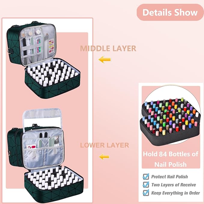 Large Nail Polish Organizer Case Hold 84+ Bottles Nail Polish & Nail Lamp, 3 Layers Nail Organizers and Storage for Nail Tech with Divider, Travel Carrying Case(Green)