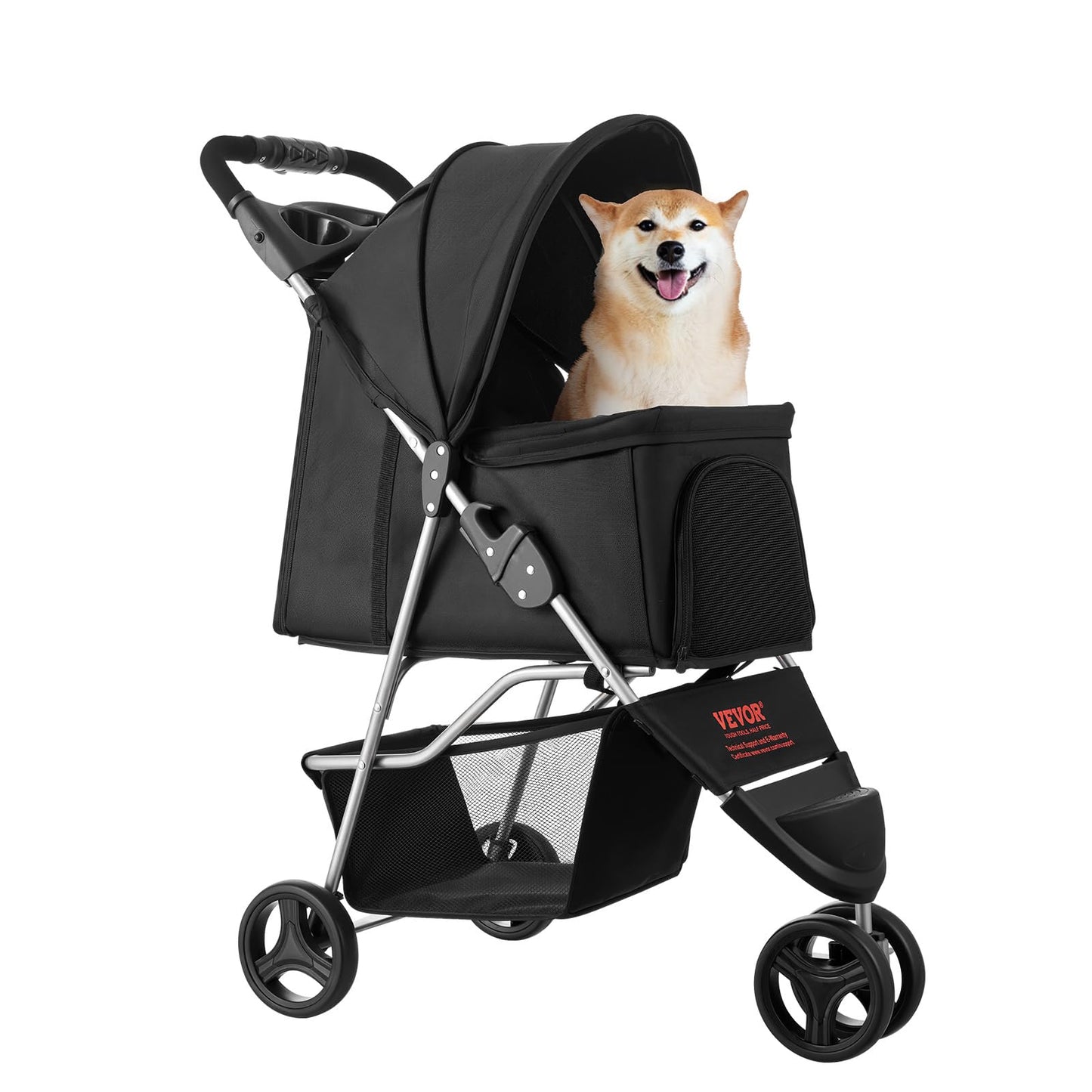 VEVOR Pet Stroller, 35 lbs Weight Capacity, Foldable Dog Cart, 3 Wheels Cats Carts with Mesh Windows and Cup Holders, Portable Pet Carrier Stroller with Brake, for Small to Medium Pets