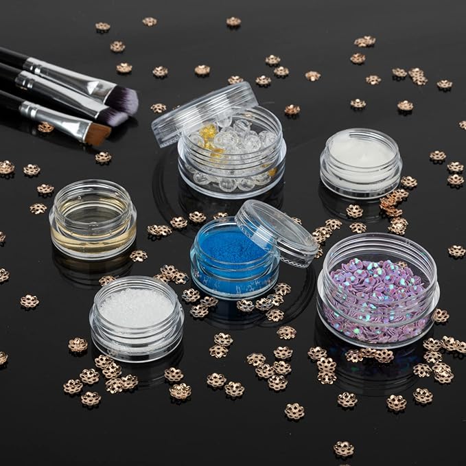 10pcs Small Travel Containers with Screw Lids, 5 Size 3/5/10/15/20 Gram Sample Jars with 12 Labels and 2 Mini Disposable Spatulas, Makeup Containers BPA Free