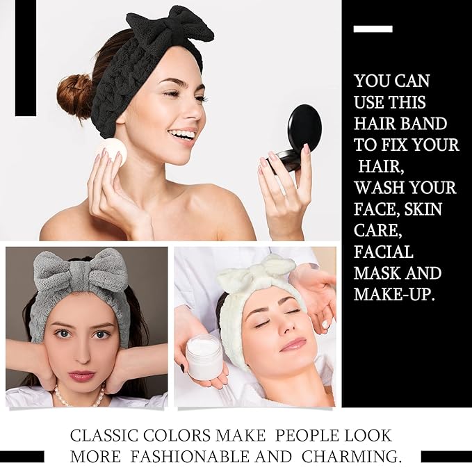 3 Pieces Towel Headbands for Women Makeup Headband for Washing Face Makeup Spa Headband, Microfiber Bowtie Shower Headband for Women (White, Light Gray, Black)