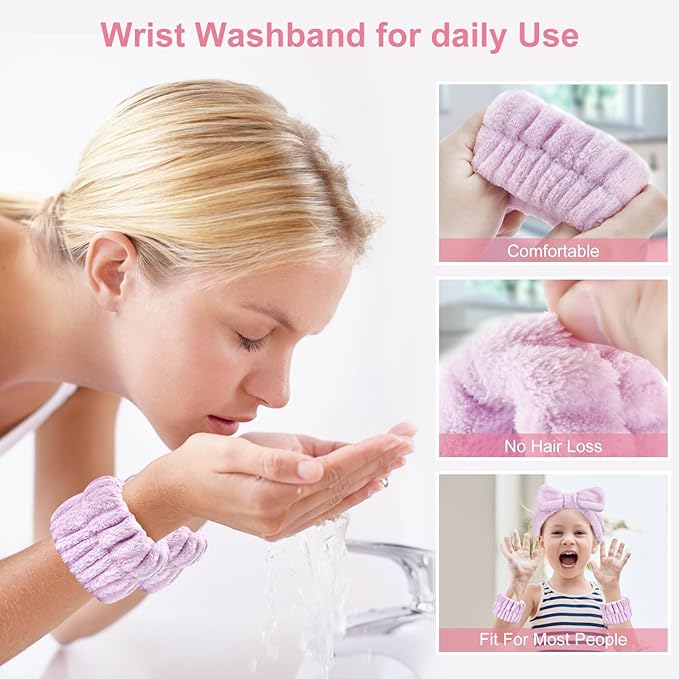 6Pack Headband and Wristband Set for Washing Face, Spa Skincare Makeup Headband, Soft Puffy Hair Band Bow Tie, for Women and Teen Girl Trendy Stuff Gifts