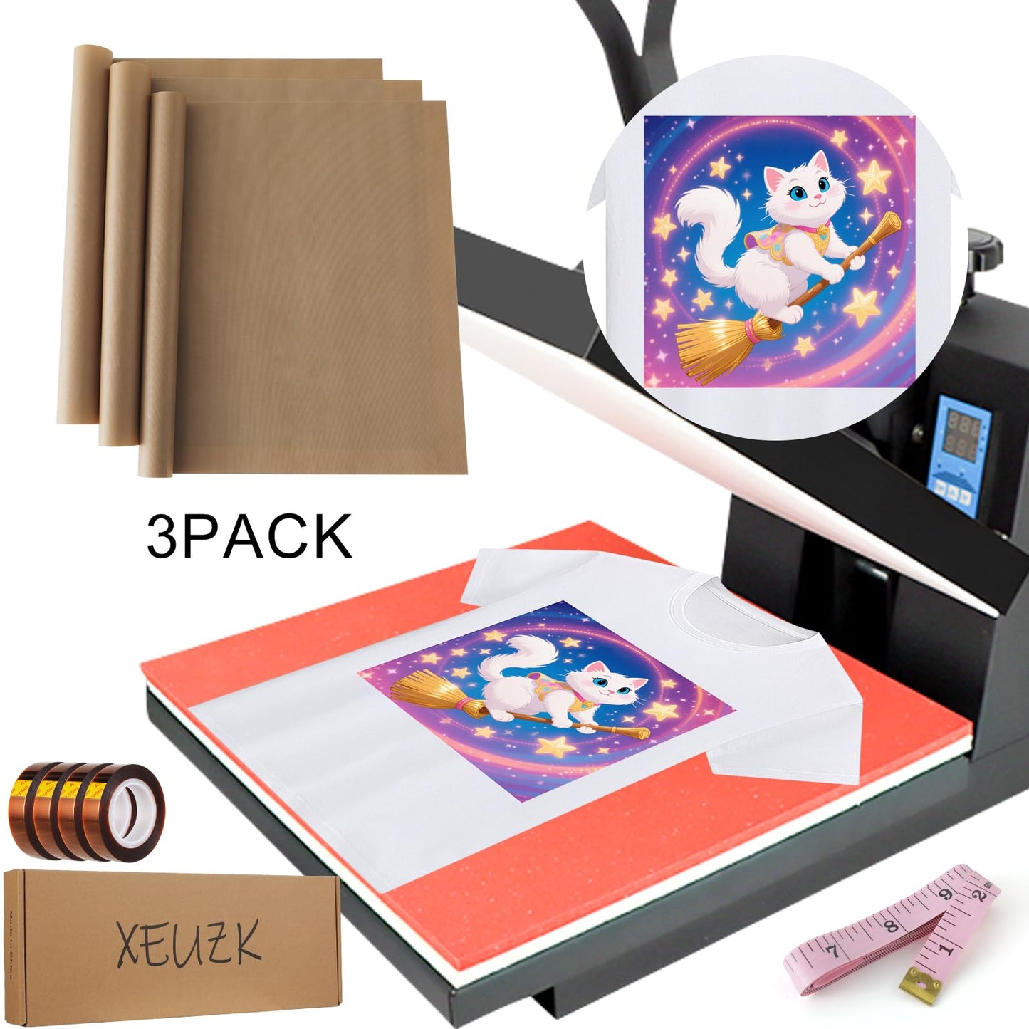 XEUZK Sublimation Shirts Tool Pink Kit With 8T Shirt rulers, 3Pack Teflon Sheet for Heat Press 12 x 16in, Heat Resistant Gloves & Silicone Bumps, 4Rolls Heat Resistant Tape& Tape Dispenser Sublimation