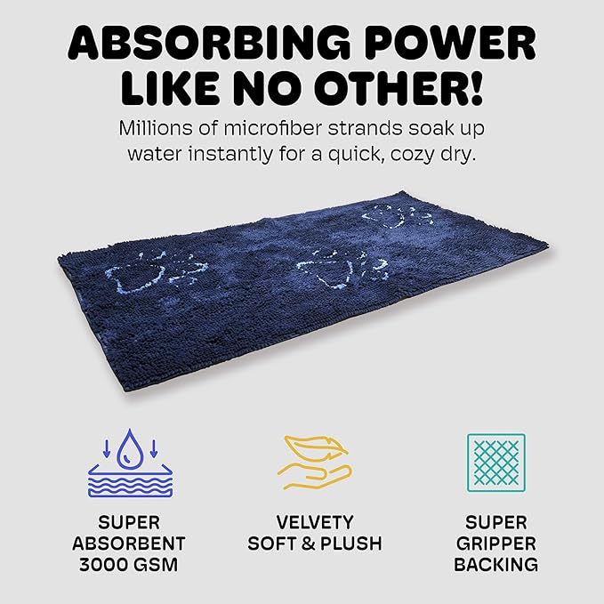 Dog Gone Smart Dirty Dog Doormat - Fast Drying Rug with Super Gripper Backing for Clean Floors - Super Absorbent and Machine Washable Mat for Muddy Paws - Bermuda Blue