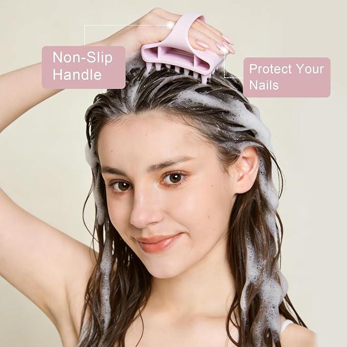 RHOS Scalp Massager Shampoo Brush, Curved Vented Scalp Scrubber, Soft Silicone Hair Scrubber for Dandruff Removal, Wet & Dry Hair (Pink)