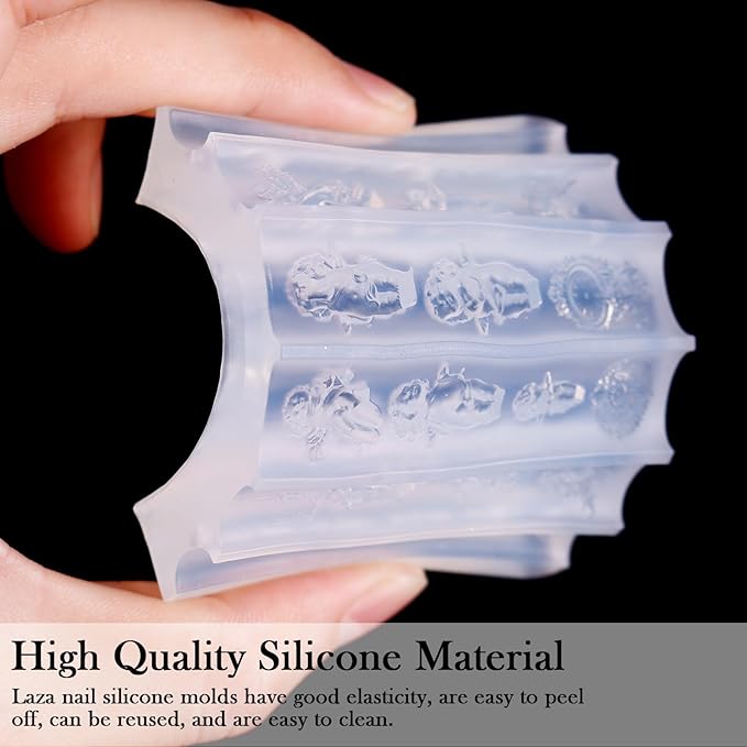 Laza 4pcs Silicone Nail Art Molds, 3D Virgin Mary, Mirror Frame, Heart, Bowknot Exquisite Silicone Y2K Nail Accessories with Carving Pen Resin Nail Art Mold Manicure Tools for DIY Salon Nail Design