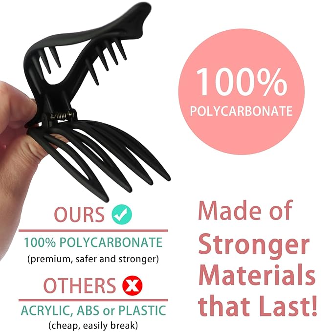 6 Pack Flat Hair Claw Clips for Women Duck Billed French Lay Down Hair Barrettes Accessories 100% Polycarbonate Matte Black