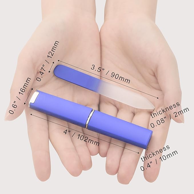 2-Pack Mini Glass Nail File with Case 2mm Thickness Small Crystal Files for Nature Nail Gentle Double-Sided Etched Fingernail Files for Travel Fine Grit Czech Glass Gifts Package Stocking Stuffers