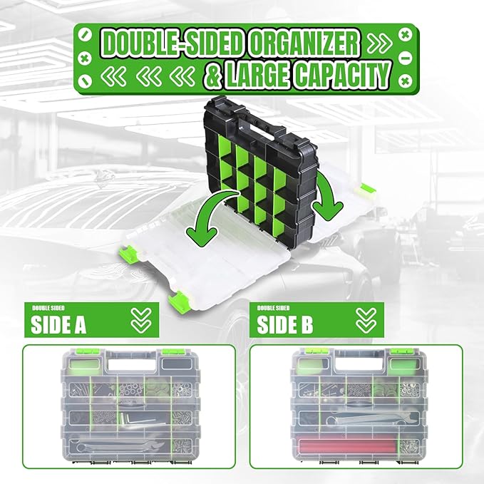 Tool Box with Transparent Lid, Double Side 34-Compartments Organizer Box with Removable Dividers for Hardware, Screws, Bolts, Nails, Beads, Jewelry and Fishing Accessories, Green, 1 Pack