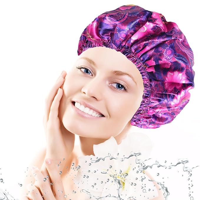4 PCS Shower Cap for Women, Elastic and Reusable Bath Caps, Double Layers Shower Caps Reusable Waterproof, Bathing Shower Caps, Environmental Bath Hair Protection Cap - Printing Flower D