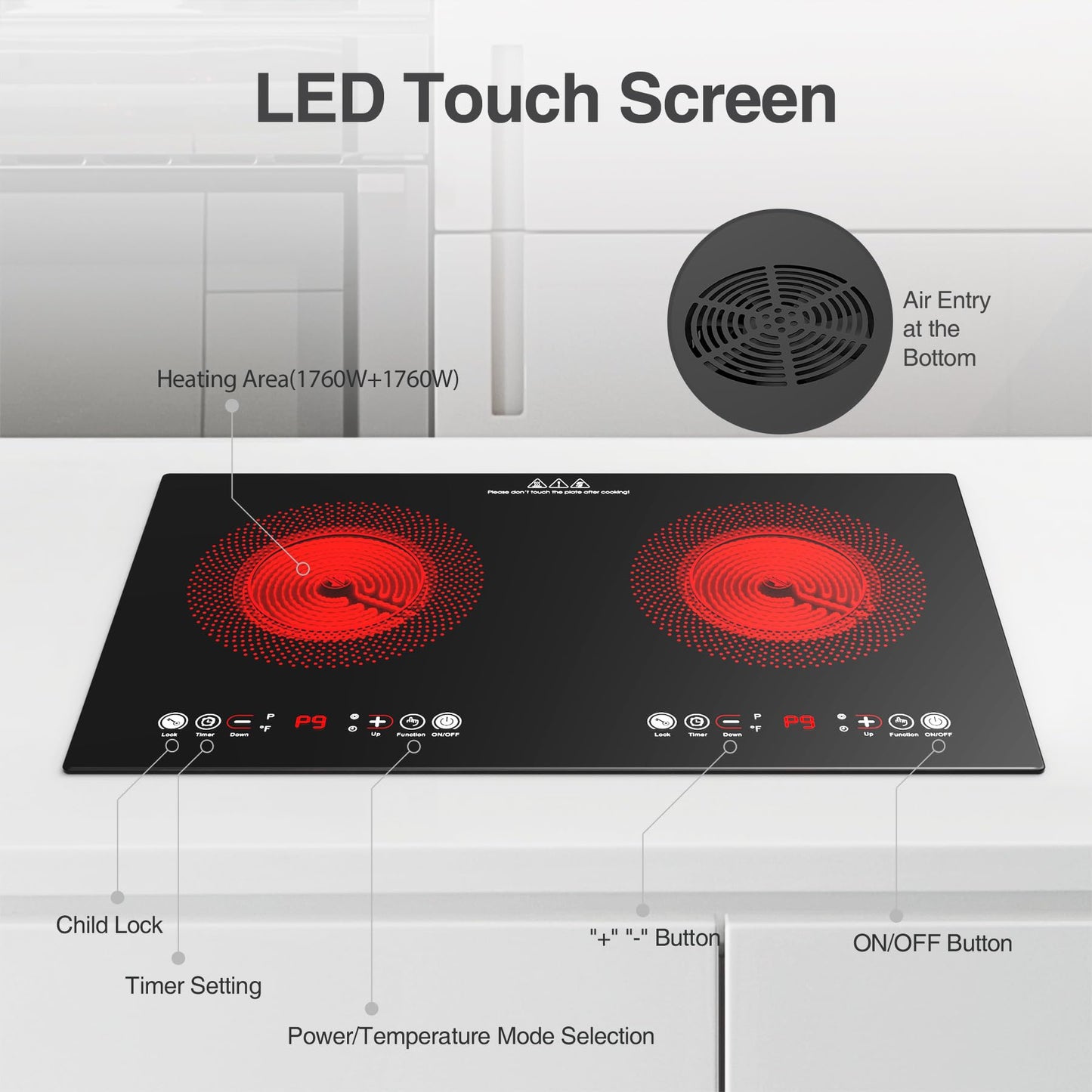 VBGK Electric cooktop,110V 24 inch 2 Burner Electric Cooktop,Built-in and Countertop Stove Top,2200W Stove,9 Power Levels, Kids Lock & Timer,LED touch control,Overheat Protection