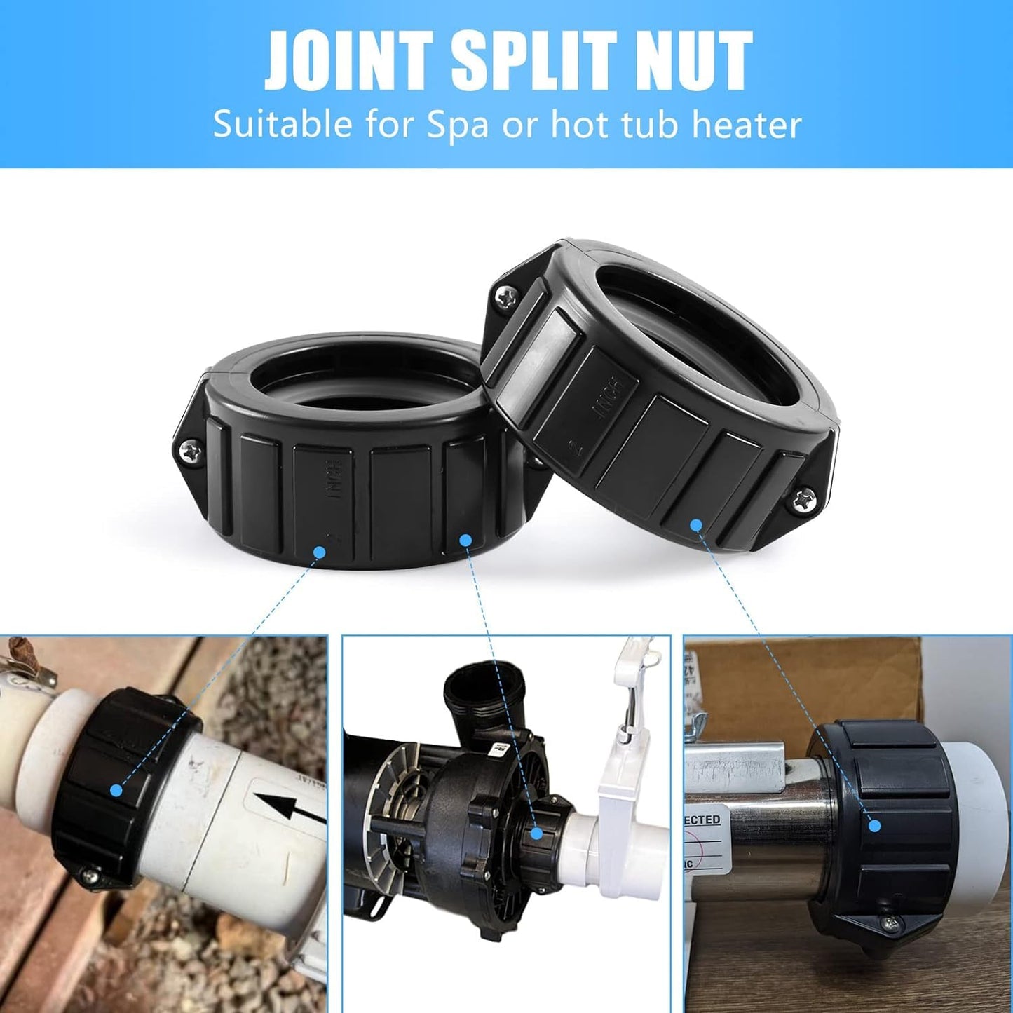 2" Spa Hot Tub Heater Split Nut Unions with Screws and Heater Gasket, Compatible with Balboa Gecko Hot Tub Heater Assemblies Replacement Parts, Replacement for 0121109020 Split Heater Nuts - 2 Pcs