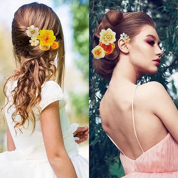 21 PCS Hair Flowers Boho Hair Barrettes Accessories Hawaiian Silk Flower Clips Girls Orange Floral Bride Headpiece Festival(Orange & Yellow)