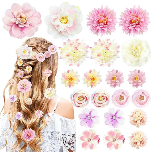 21 PCS Flowers Hair Accessories Women Boho Hair Barrettes Clips Girls Pink Purple Floral Rose Bride Headpiece Wedding Festival(PINK & PURPLE)