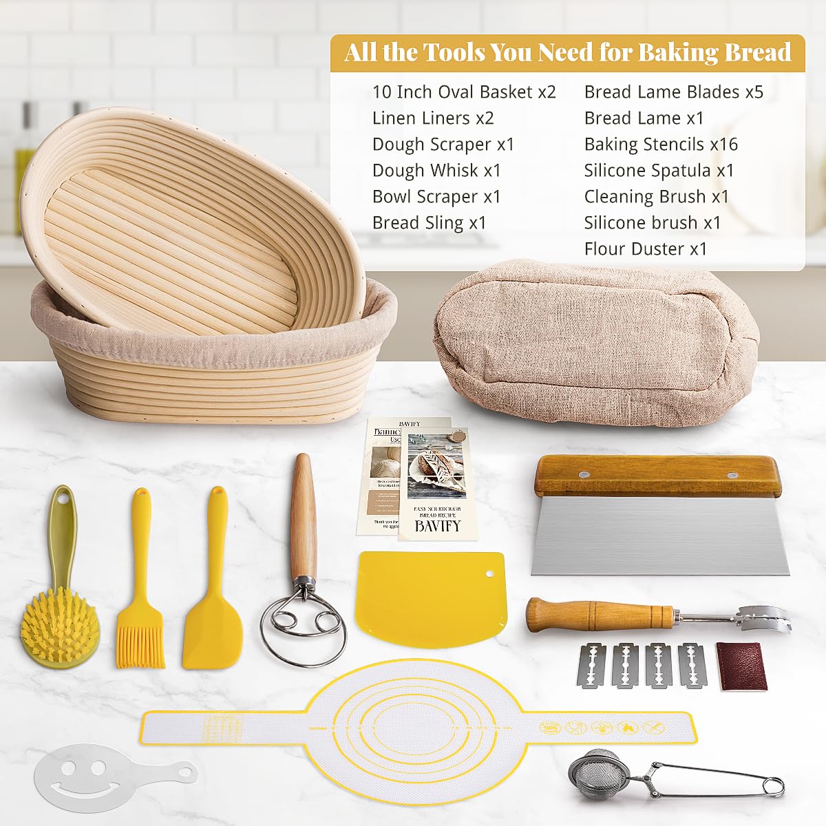 BAVIFY 10 Inch Oval Banneton Bread Proofing Basket Sourdough Starter Kit, Sourdough Bread Baking Supplies with Bread Lame, Sling, Spatula, Scraper, Dough Whisk