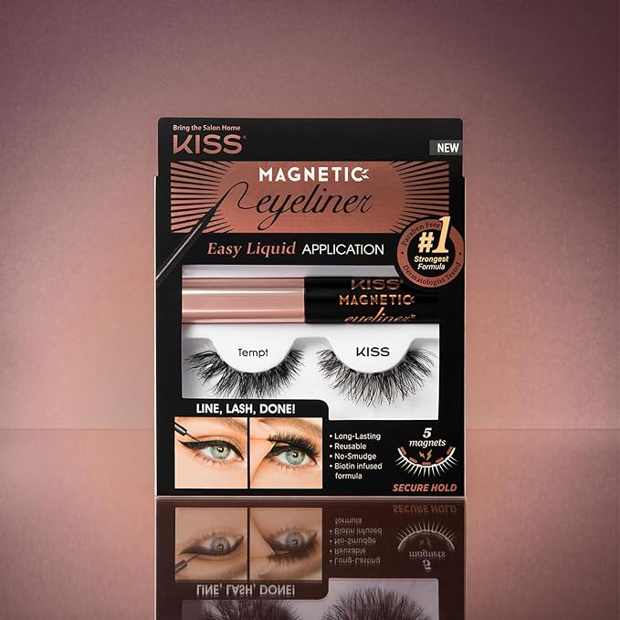KISS Magnetic False Eyelashes and Eyeliner, Ã¢ÂÂTemptÃ¢ÂÂ, 14mm, Easy to Apply, Reusable, No Glue, Flexiband Technology, Precision Felt Tip, Fortified Formula, 1 Pair Strip Lashes